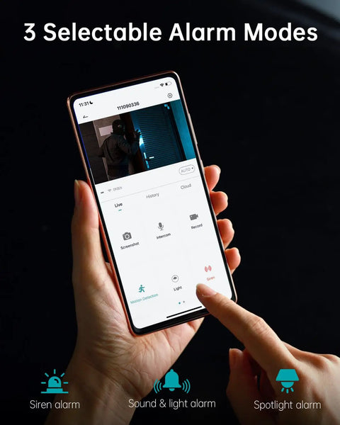 Person holding phone showing 3 alarm modes of Outdoor Wireless Security Camera With 2K Solar Power And 3MP Color Night Vision.