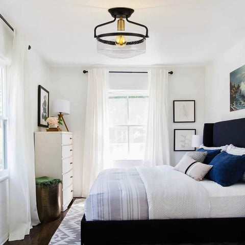 Seeded Glass Semi Flush Mount Ceiling Light In Matte Black, 11.2 Inch Shade, installed in modern bedroom