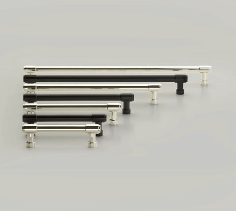 Assorted sizes of Emtek Jasper 5 Inch Center To Center Bar Cabinet Pull 86688US4 From The Industrial Modern Collection on display