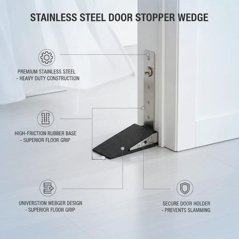 Stainless Steel Door Stopper Wedge with Rubber Base for heavy duty indoor use, shown holding a door open, highlighting premium build.