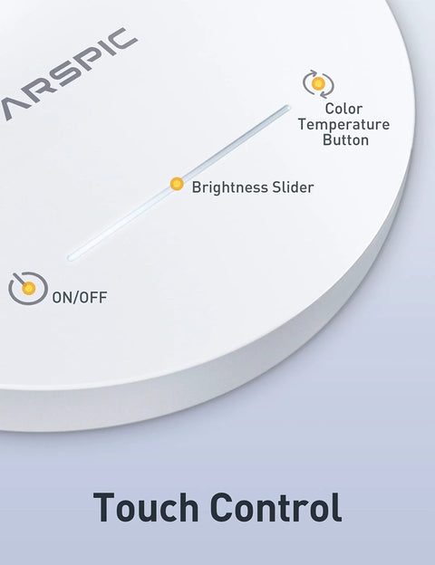 Close-up of Dimmable Desk Lamp With USB Charging Ports touch control panel, showing brightness slider and color temperature button.