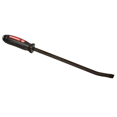 Dominator 3 Piece Screwdriver Pry Bar Set With Curved Ends For Tight Spaces Built For Maximum Leverage Includes 12 Inch 17 Inch And 25 Inch Pry Bars With Ergonomic Two Composite Handles For A Grippy Tough As Nails Grip. Single pry bar resting on white surface with curved end and black handle.