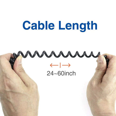 Hands stretching coiled cable to demonstrate length, compatible with Walkie Talkie Microphone For UV 5R And Other Ham Radios With 3.5mm Jack.