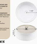 Diagram of round vessel sink for bathroom, 15.75 inch ceramic bowl with white gloss finish, top view and side view with dimensions shown.