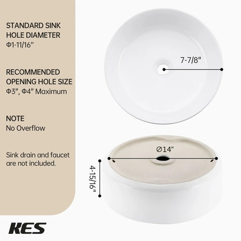Diagram of round vessel sink for bathroom, 15.75 inch ceramic bowl with white gloss finish, top view and side view with dimensions shown.
