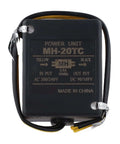 Front view of Rugged Electromagnetic Brake Rectifier With Minimal Vibration For Ultra Smooth Operation Built Tough With ABS Shell Epoxy Potting And CNC Aluminum Heat Dissipation Plate Model MH20TC showing input and output details.