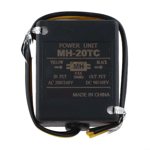 Front view of Rugged Electromagnetic Brake Rectifier With Minimal Vibration For Ultra Smooth Operation Built Tough With ABS Shell Epoxy Potting And CNC Aluminum Heat Dissipation Plate Model MH20TC showing input and output details.