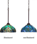 Sea Green Tiffany Style Pendant Light 12 Inch Wide Stained Glass Hanging Lamp for Kitchen Dining Room and Bar, Vintage Victorian Vibe