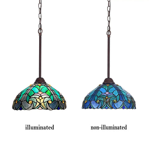 Sea Green Tiffany Style Pendant Light 12 Inch Wide Stained Glass Hanging Lamp for Kitchen Dining Room and Bar, Vintage Victorian Vibe