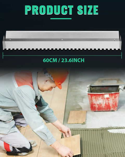 24 Inch Tile Trowel With 2x5 Inch Square Notches For Large Tile Flooring And Tiling Masonry Hand Trowel Durable Aluminum Frame Stainless Steel Notched Spreader DIY Friendly For Concrete Adhesive And Plaster Projects shown with a worker laying large tiles on mortar.