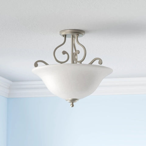 Camerena 18 Inch Three-Light Semi Flush Ceiling Fixture With White Scavo Glass And Brushed Nickel Finish Perfect For Dining Rooms