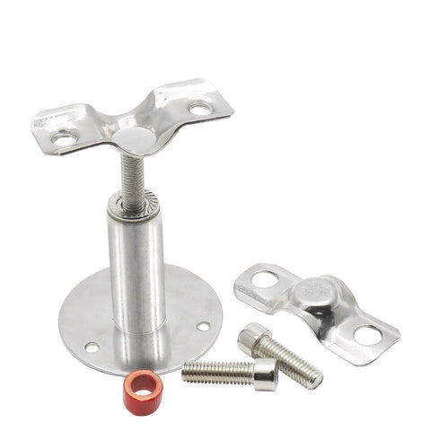 Two-piece stainless steel pipe ceiling mount brackets with base flange and screws for 19 mm (1/2 in) pipe.