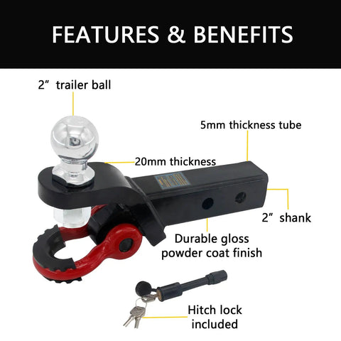 Heavy Duty Trailer Hitch Ball Mount With Tow Shackle And Three Quarter Inch Hitch Pin Clip For Trucks SUVs And Cars 2 In 1 Multifunction Hitch Mount Fits Two Inch Receivers