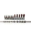 Top Tier 11 Piece Torx Bit Socket Set With T10 To T60 Chrome Vanadium Steel Driver Bits For Tough Automotive Repairs And Heavy Mechanical Maintenance Work Using Both Inch Drive Sizes, organized on rail