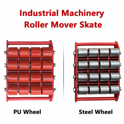 Heavy Duty Machinery Mover Skates Dolly With 360 Degree Swivel Turntable for PU and Steel Wheels shown side by side.