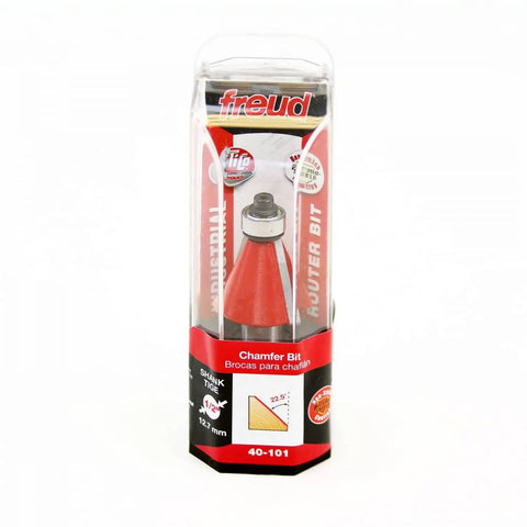 1-1/4 Inch Chamfer Router Bit With 1/2 Inch Shank, Carbide Two-Cutter, 22.5 Degree Chamfer in packaging, front view