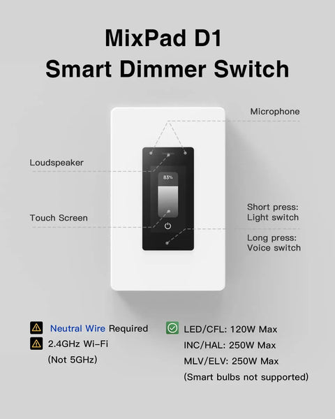Touchscreen Smart Dimmer Switch For Single Pole And 3 Way Wiring, Wi Fi Enabled, White, screen and controls visible