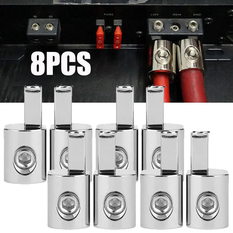Heavy Duty 1/0 Gauge To 4 Gauge Power Wire Reducer For Car Audio Amps, 6061 Aluminum, Nickel Plated Terminals, One Cable Adapter For Oversized Wire, Ideal For Power And Ground Wiring, 8pcs shown