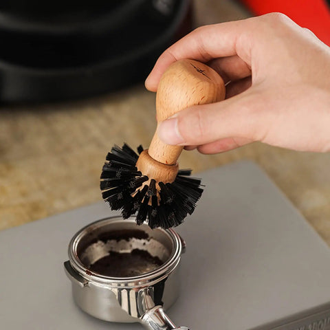 58mm Portafilter Cleaning Brush For Espresso Machines Pro Barista Tool With Arc Bristle Design cleans out residual coffee grounds