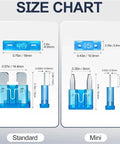 Size chart of Go To Auto Fuse Kit With 168 Pcs Of Fuses From 2A To 40A, showing dimensions of standard and mini blade fuses.