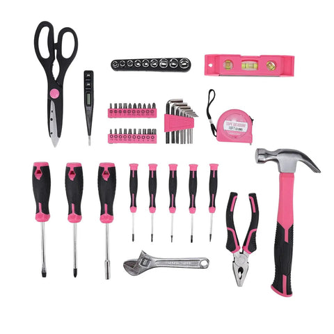 145-Piece Home Hand Tools Set With Hammer, Screwdrivers, Wrenches, Scissors, Magnetic Level, Pliers, Tape Measure shown