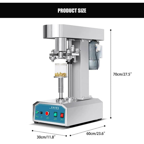 Industrial Grade Automatic Can Capping Machine Electric Vacuum Sealer For Round Cans And Jars showing dimensions 30x60x70 cm.