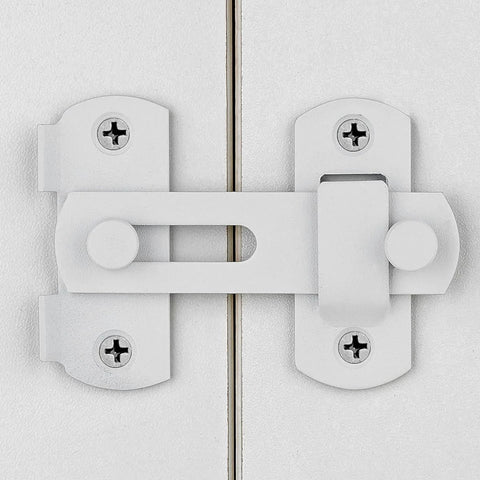 4 Pack Matte White Stainless Steel Barn Door Latches 2.75 Inch By 2.02 Inch Sliding Gate Lock Bi Fold Door Latch installed on door