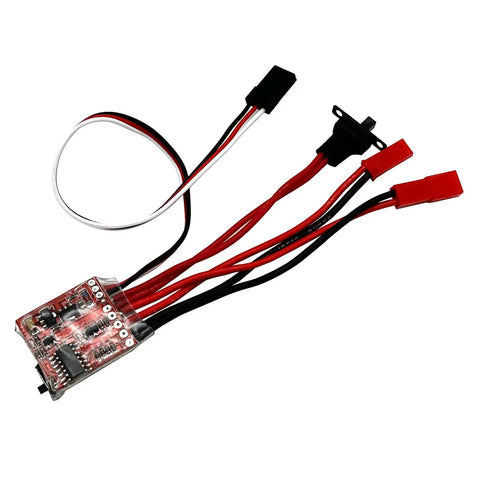 Close-up of 30A Brushed ESC With Brake For DIY Mini RC Cars Boats And Crawlers 2 Pack Ready To Run Plug And Play wiring detail.