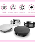 Pack Of Four Black Car Wheel Center Hubcaps Rock Solid Abs Plastic Snap On Rim Covers Universal Fit showing various angles and colors.