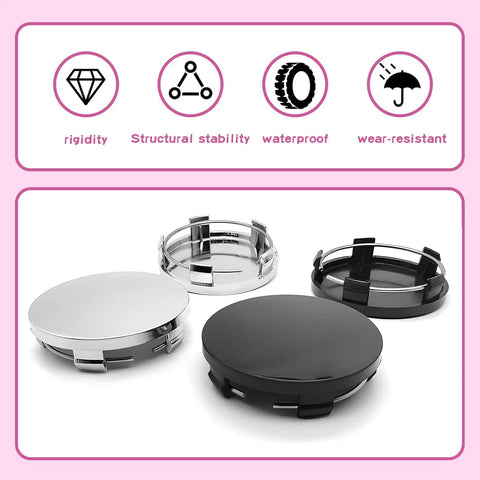 Pack Of Four Black Car Wheel Center Hubcaps Rock Solid Abs Plastic Snap On Rim Covers Universal Fit showing various angles and colors.