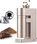 Premium Electric Burr Coffee Grinder Featuring 53mm Stainless Steel Conical Burrs For On Point Single Dose Control Bangin Espresso And Hella Smooth Brew Game with ground coffee and unground beans.