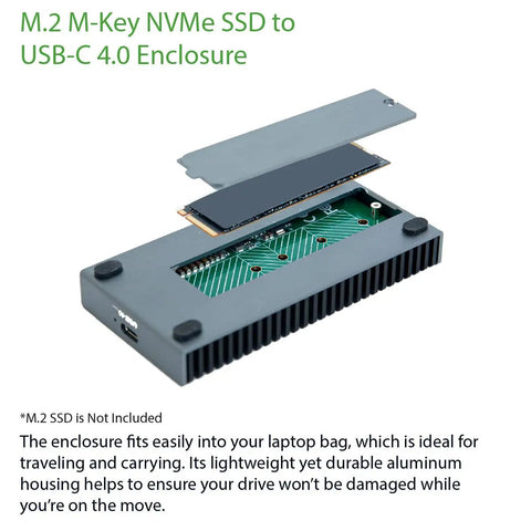 M.2 M-Key NVMe SSD to USB-C 4.0 enclosure showcasing aluminum design, ideal for portable storage solutions.