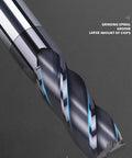 Close-up of a 1/2-inch carbide end mill, square end, 4-flute, AlTiN-coated