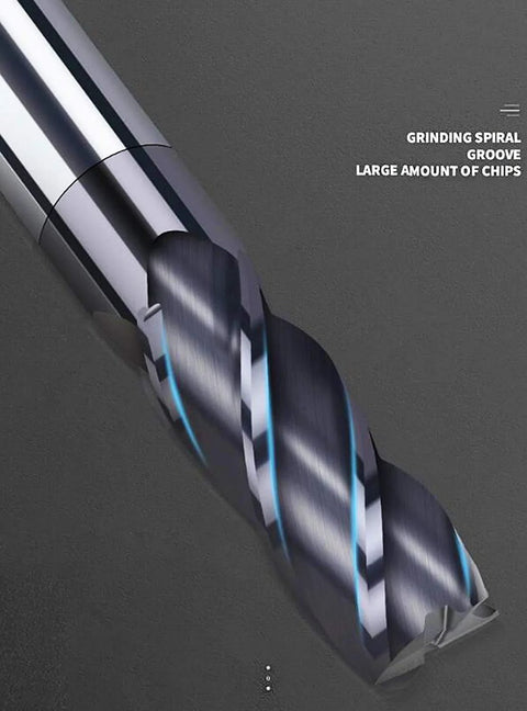 Close-up of a 1/2-inch carbide end mill, square end, 4-flute, AlTiN-coated