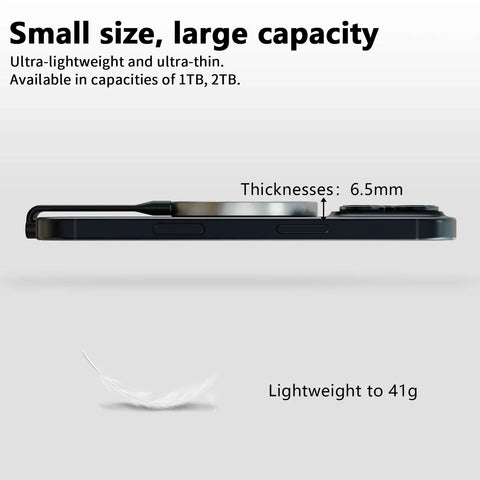 Side view of Magnetic Portable SSD 1TB For iPhone MagSafe showing 6.5mm thickness and lightweight design
