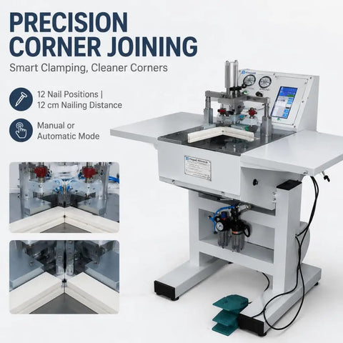 Heavy Duty Built Like A Tank Pneumatic Picture Frame Corner Joiner Machine featuring controls for 12 nail positions and automatic mode.