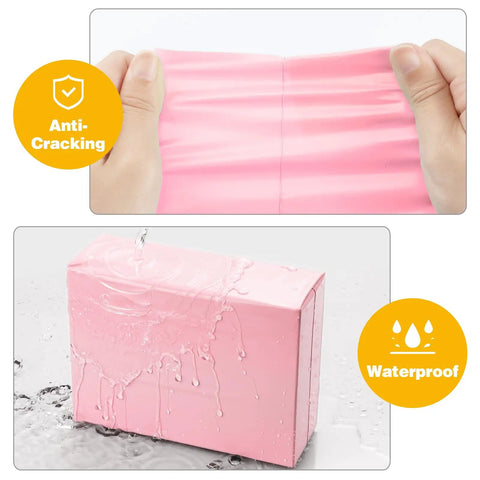 Close-up of stretching and waterproof features of Self Seal Poly Mailer Bags, 100 Pack, Fourteen Point Five By Nineteen Inch Tearproof Shipping Envelopes In Light Pink For Clothing, Boutiques, And Small Businesses.
