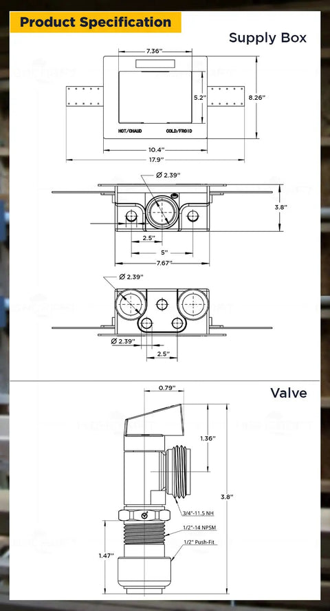 Product specifications for Washing Machine Outlet Box Dual Drain With One-Half Inch Push-Fit Valves ABS One-Piece Washer Box
