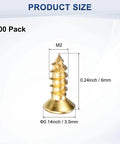 Go-To Brass Wood Screws 100 Pack M2x6mm Phillips Flat Head Self-Tapping Fasteners shown with measurements for size reference.