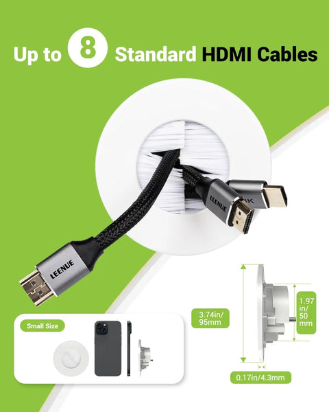 Wall Mounted TV Cable Management Kit showing HDMI cables and dimensions for In Wall Pass Through