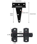 Diagram of Self-Closing Gate Latch Kit With Tee Hinge And 4-Inch T-Strap Hinges Black Finish with measurements shown