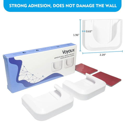Adhesive Wall Mount Bracket For Blink Mini Indoor Camera No Drill No Screws Damage-Free Easy Install 2 Pack shown with box and measurements