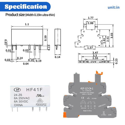 Industrial Grade 24V Relays For DIN Rail Mount diagram with measurements and relay module view