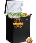 Dead Silent 3.5 Cubic Foot Mini Chest Freezer Compact Top Loading Deep Freeze Storage Black with food items inside.