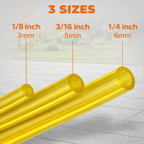 Three Size Fuel Line Kit With 1/8 in ID, 3/16 in ID, 1/4 in ID Tubing for small engines, showing three yellow polyurethane hoses
