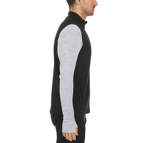 Heavy Duty Kick Ass 100 Percent Merino Wool Men Vest Expedition Grade Heavyweight Three Season Insulated Thermal Mid Layer Machine Washable Moisture Wicking Black side view on model.