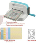 Six Inch Die Cutting And Embossing Machine For Card Making And Scrapbooking, Diy Crafts, Beginner Friendly, Portable Home Craft Tool That Passes A5 Paper, showing machine with cutting plates and cardstock