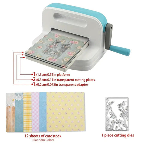 Six Inch Die Cutting And Embossing Machine For Card Making And Scrapbooking, Diy Crafts, Beginner Friendly, Portable Home Craft Tool That Passes A5 Paper, showing machine with cutting plates and cardstock