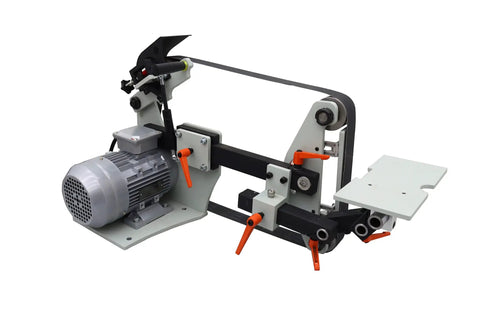 Heavy Duty 2X72 Bench Belt Grinder With Variable Speed Knobs And Rock Solid Welded Steel Frame showing motor and belt configuration.