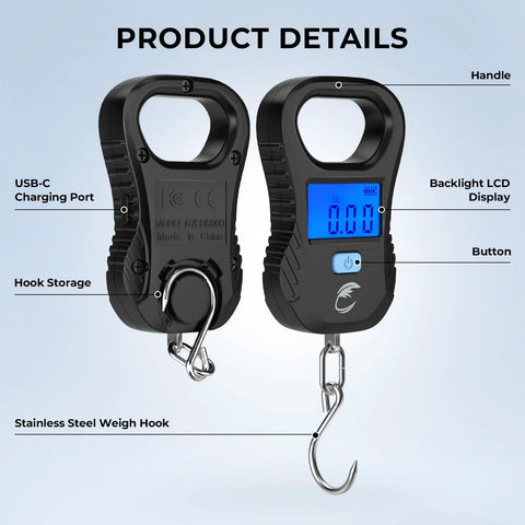 Lightweight Digital Fishing Scale With USB Cable 55lb Capacity Multi Unit Pound Ounces And Kilograms High Accuracy Backlit LCD Display